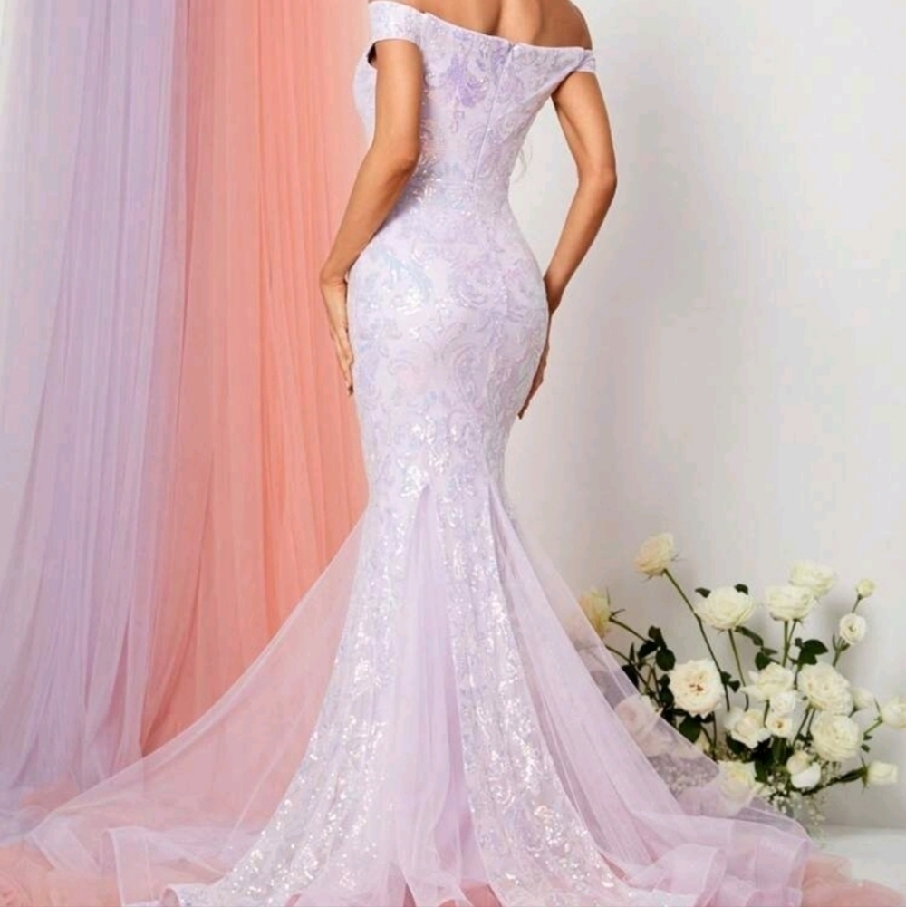 Mauve/Purple, Contrast Sequin and Contrast Mesh Mermaid Maxi Formal Gown - Picture 2 of 8